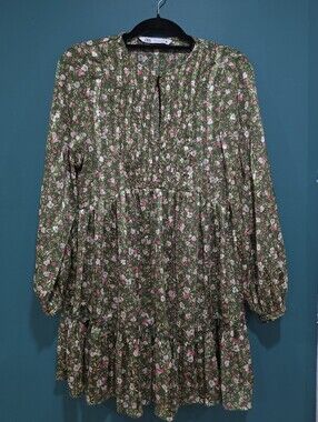 Zara Green Floral Smocked Tiered Mini Dress M
